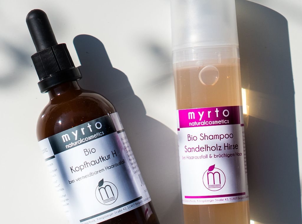 Naturwirkstoffe gegen Haarausfall - Bio Shampoo Sandelholz Hirse & Bio Kopfhautkur H von der Myrto Naturalcosmetics Manufaktur
