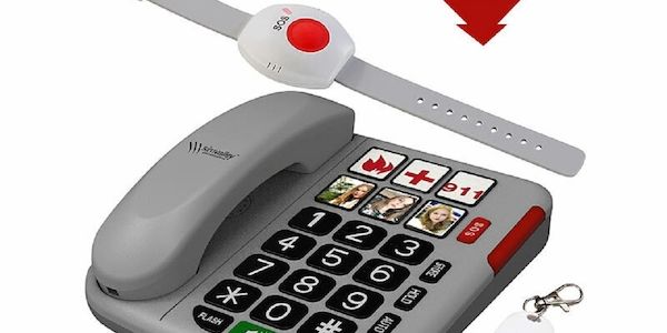 Per Tastendruck Hilfe herbeirufen - Telefon, Taster und Armband im Set