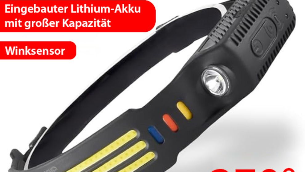 Akku-Stirnlampe mit 270°-Weitwinkel & Farblicht – 3.000 Lumen, sensorgesteuert & wetterfest