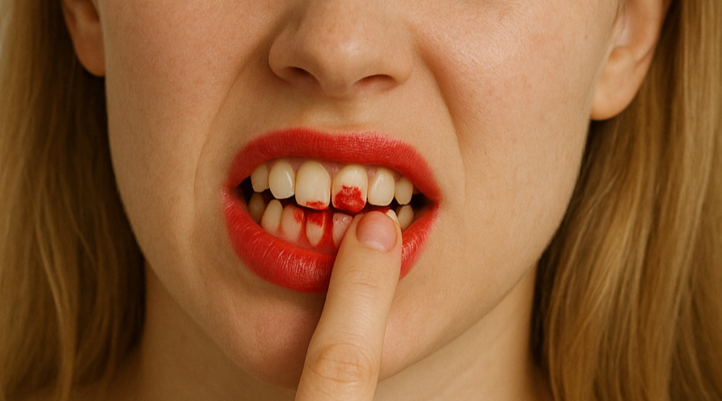 Schon wieder Lippenstift auf den Zähnen.