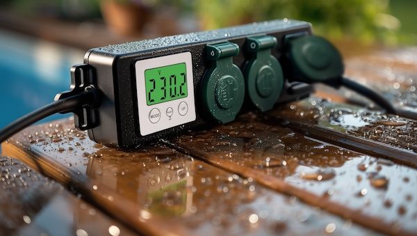 Outdoor-Steckdosenleiste mit integriertem Energiekostenmesser