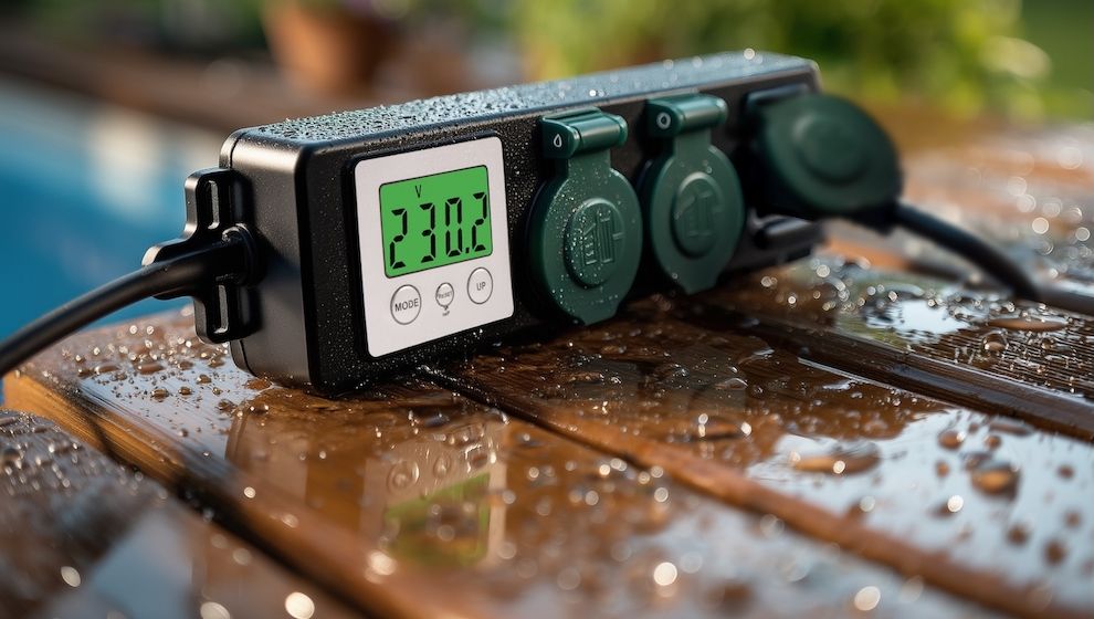 Outdoor-Steckdosenleiste mit integriertem Energiekostenmesser