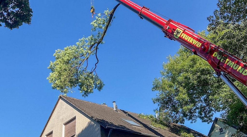 Aufwendiger Feuerwehreinsatz nach Ast auf Hausdach in Dortmund-Husen